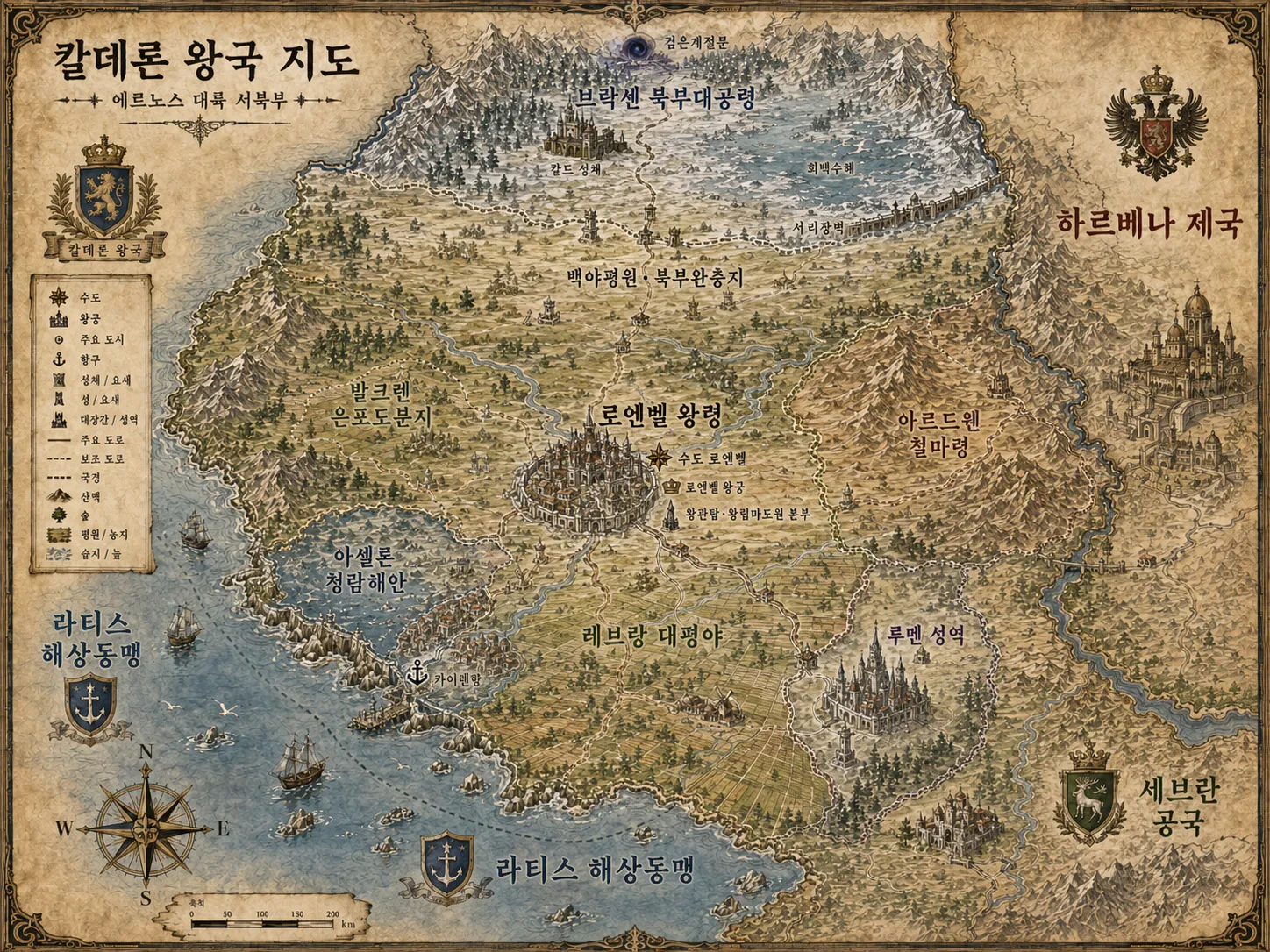 칼데론 왕국과 에르노스 대륙의 설정 지도